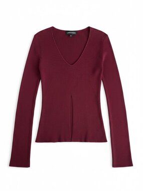 LAMARQUE Aracelli Burgundy V-Neck Knit Top Front Slit Size S NWT